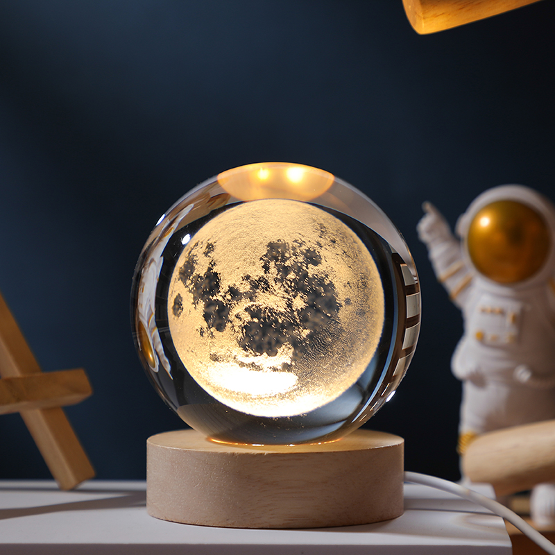 发光太阳系水晶球桌面小夜灯摆件星空玻璃球装饰品生日礼物女毕业 6cm球月球+圆形木底座无礼袋