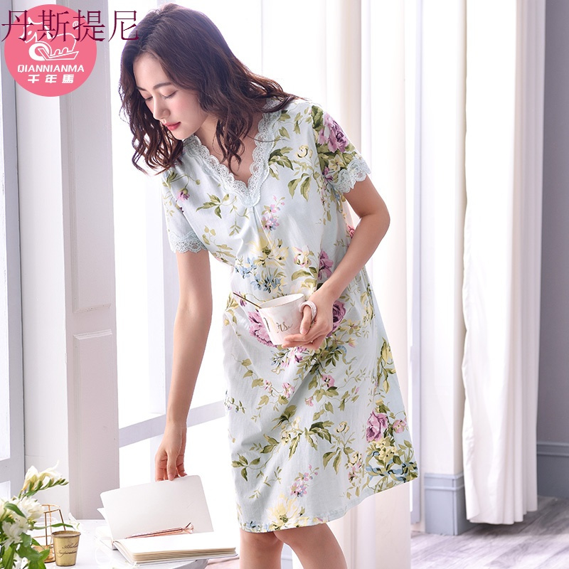 睡裙女夏季短袖纯棉睡衣夏天薄款妈妈宽松大码全棉质家居服中裙子