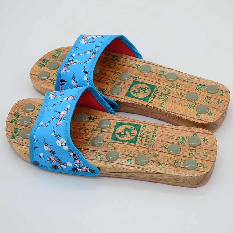 平底按摩木拖鞋女足疗木鞋透气居家男女木板鞋木屐拖鞋绿蝴蝶34