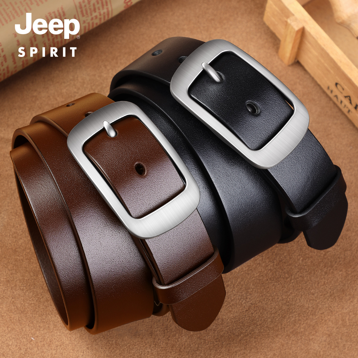 Jeep吉普头层纯牛皮腰带男休闲手工皮带男真皮针扣正品复古裤层扣高清大图