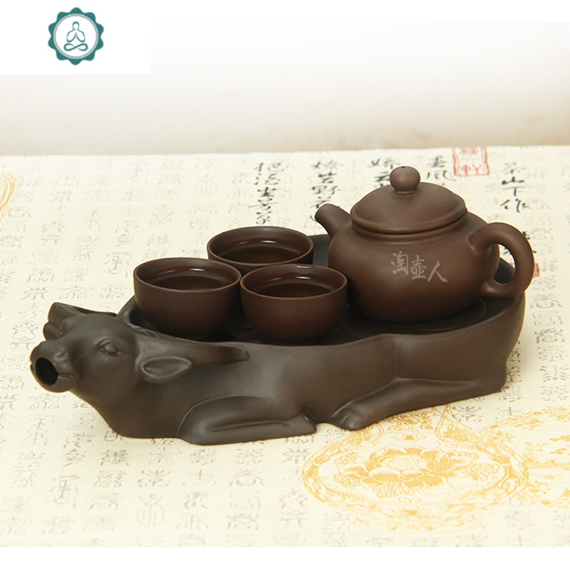 功夫茶盘紫砂茶海壶承金蟾猪牛转乾坤茶具托储水式迷你干泡台 封后 加大号诸事顺利茶盘(棕色)