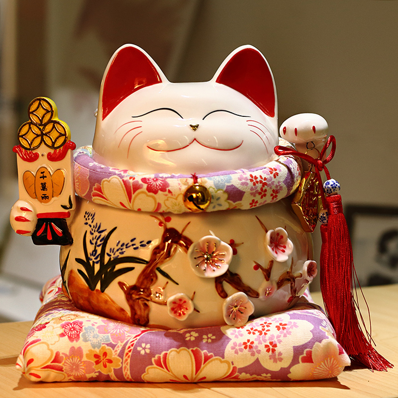 猫存钱罐大号陶瓷储蓄罐日本店铺开业创意礼品猫摆件礼品 三维工匠 10寸千万两紫樱棉垫猫高清大图