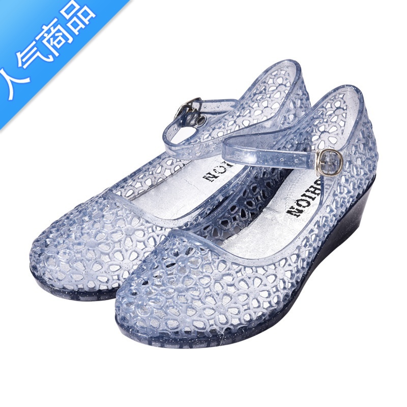 SUNTEK夏季女鞋子水晶凉鞋女坡跟中跟一字扣包头女果冻新款时尚外穿百鞋高清大图