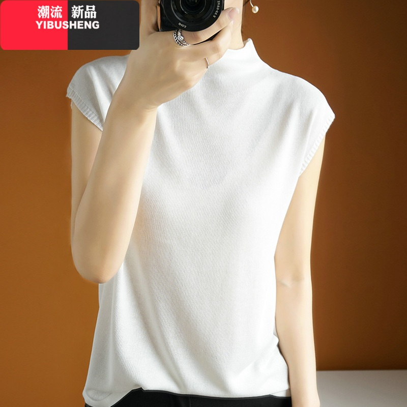 yibusheng女装2020新款烟管领无袖套头薄款针织衫背心女露肩短袖t恤女