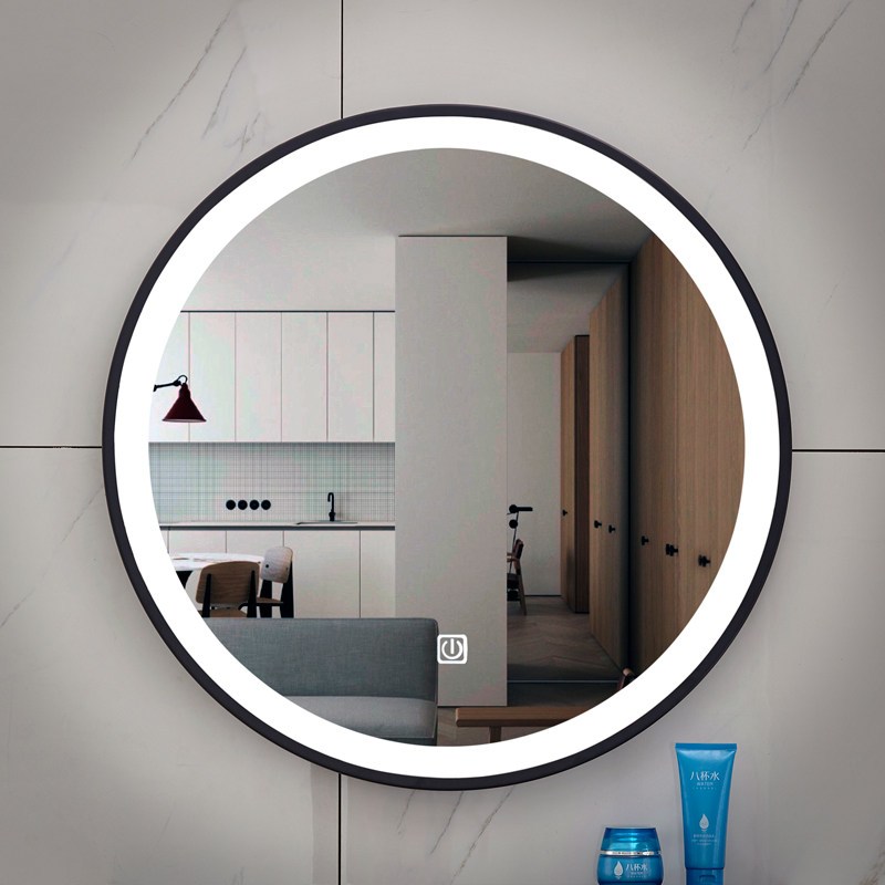北欧铁艺框led发光灯镜洗手盆壁挂圆镜卫浴智能镜卫生间浴室镜子