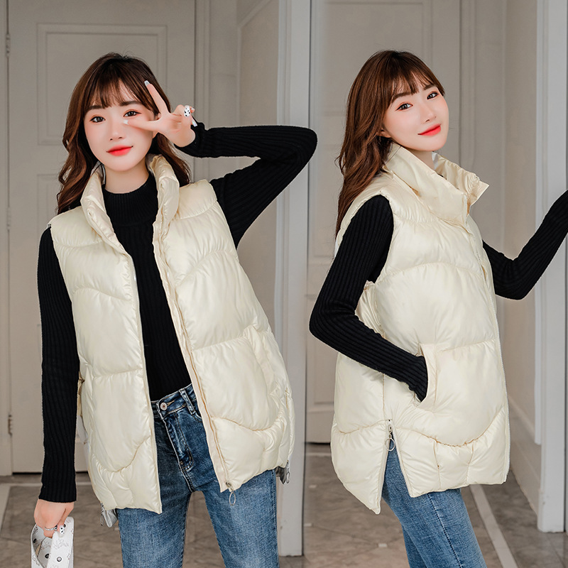 棉服背心女 秋冬季新品大码女马甲时尚拉链款宽松韩版马夹女 米白色 XXL
