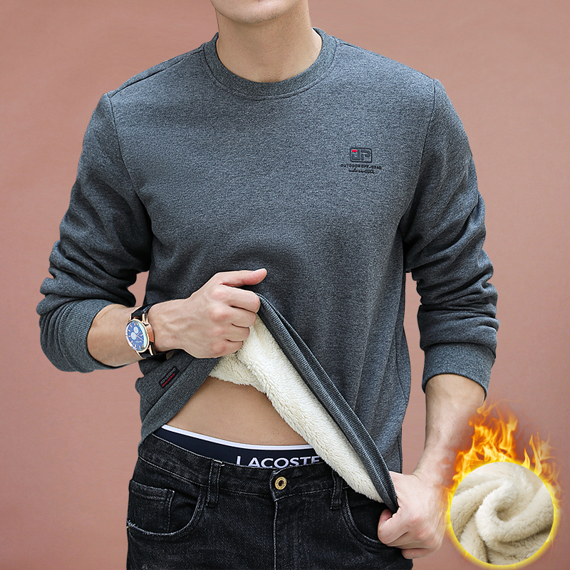 baluoshang秋冬季加绒加厚保暖宽松卫衣男士运动休闲圆领羔绒上衣外套