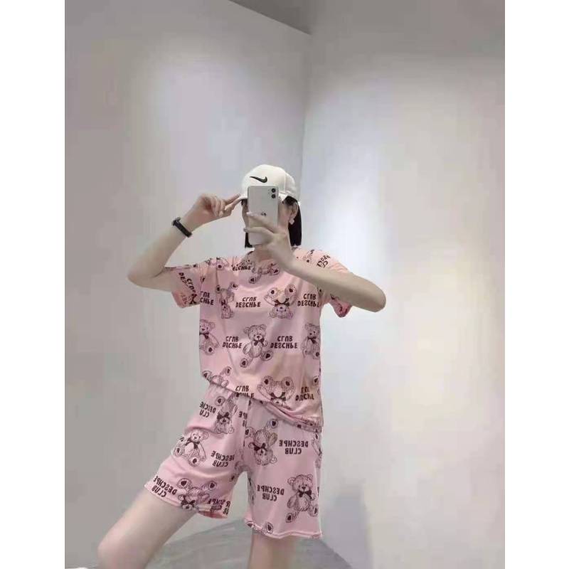 睡衣女夏季冰丝家居服情侣短裤短袖可爱熊睡衣裤套装清凉两件套_黑色(均码80-140斤)