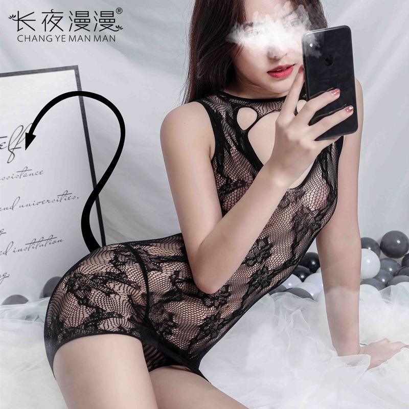 长夜漫漫情趣网衣绣花情趣网袜短裙开档连体丝袜诱惑连身袜8516 黑色 精装(80-140斤)