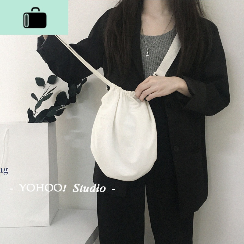 简约抽绳半圆包 纯色百搭斜挎包帆布单肩布袋日韩女小NEW LAKE 白色高清大图