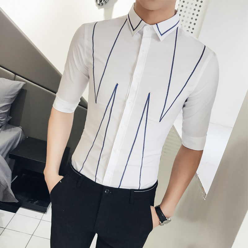 2018夏装新款男士七分袖衬衫修身个性刺绣半截袖上衣型师工作服