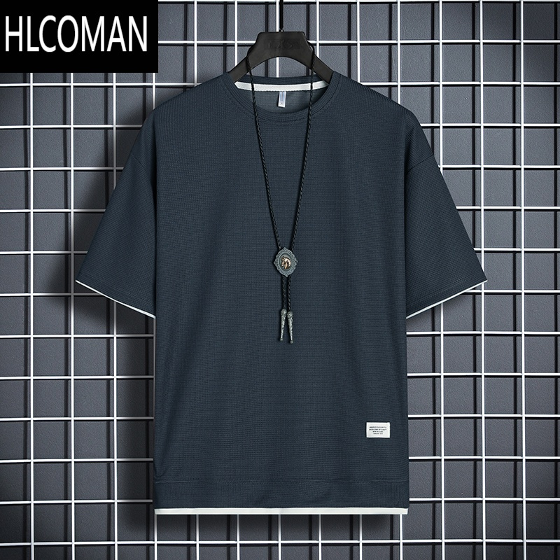 HLCOMAN夏季新款华夫格短袖t恤男薄款潮ins风宽松百搭休闲体恤半袖上衣服