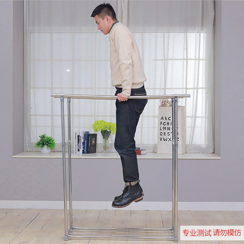 三维工匠高低落地折叠伸缩晾衣杆晒被子卧室内阳台简易凉挂衣晾衣架 置物架款双杆不锈钢铝合金(1.5米可伸缩到2.4米) 大