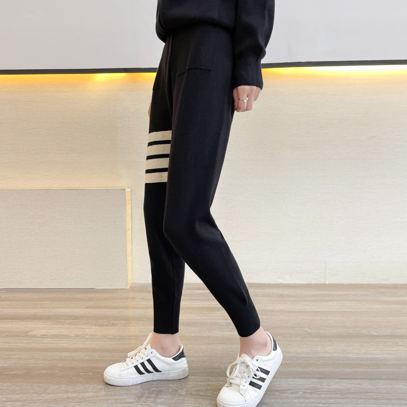 rosuya休闲裤女卫裤纯色针织小个子束脚运动裤小脚裤修身秋冬新款九分