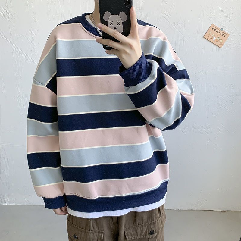 诺妮梦港风条纹卫衣男韩版学生宽松潮流男士套头衣服情侣外套上衣视频