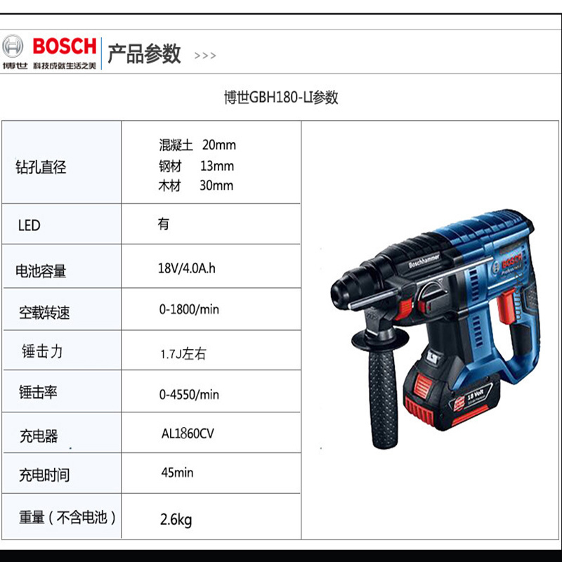 博世bosch锂电锤18v充电电锤锂电电镐多功能冲击钻电钻gbh180li单电