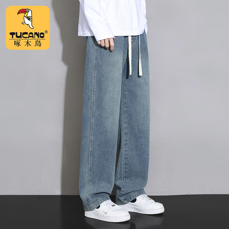 牛仔裤秋冬青少年男生宽松阔腿男士休闲直筒加绒加厚长裤士高清大图