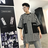 条纹短袖T恤男女宽松五分袖半袖上衣个性织带国潮情侣印花体恤衫