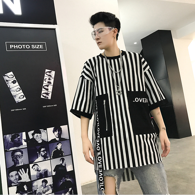 条纹短袖T恤男女宽松五分袖半袖上衣个性织带国潮情侣印花体恤衫