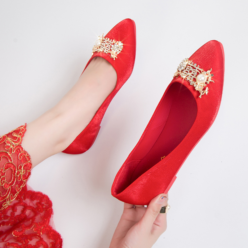枫述平底婚鞋女新娘鞋2020新款秀禾鞋红色结婚鞋孕妇中式水钻低跟单鞋