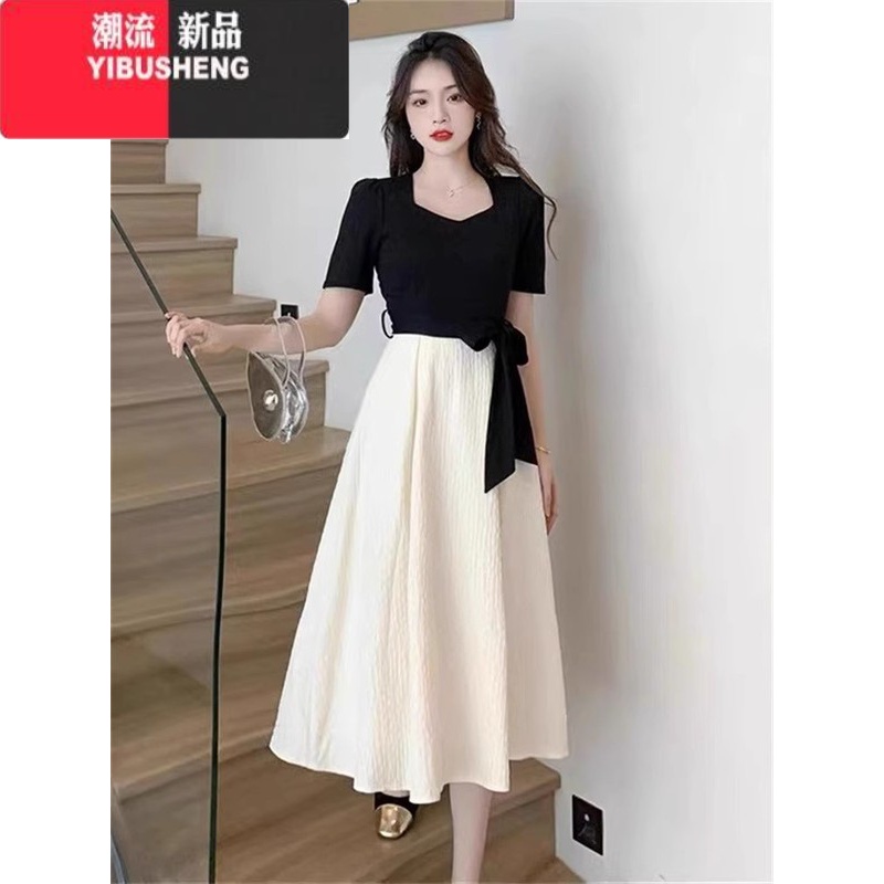 YIBUSHENG假两件短袖方领收腰连衣裙女装2024季新款梨型身材穿搭茶歇裙子 白色长 M建议90-105斤