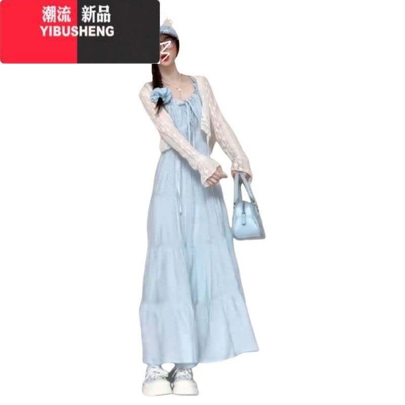 YIBUSHENG蓝色吊带连衣裙子女季度假风无袖长裙装松弛感穿搭配一整套装图片