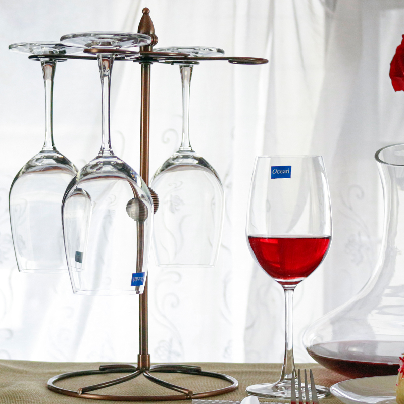 Ocean进口无铅玻璃冷切口红酒杯425ML4只配1500ML醒酒器配酒杯架套装高清大图