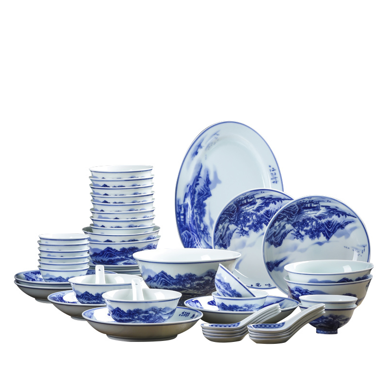 lichen景德镇陶瓷餐具釉下彩青花瓷器碗盘碟子山水人家套装古典中式46