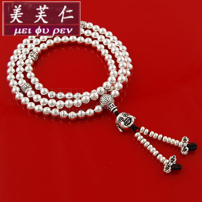 美芙仁设计弥勒佛108颗纯银佛珠手串念珠多层手链男女首饰品视频介绍_美