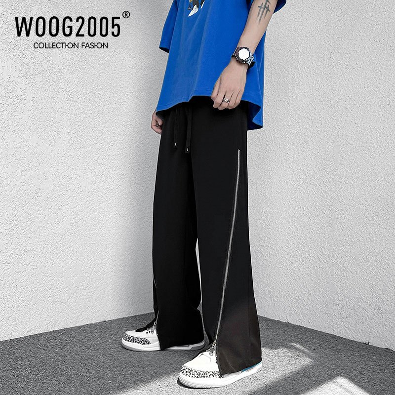 WOOG2005冰丝裤子男冷淡风男装高级感拉链开叉防蚊裤垂感拖地长裤