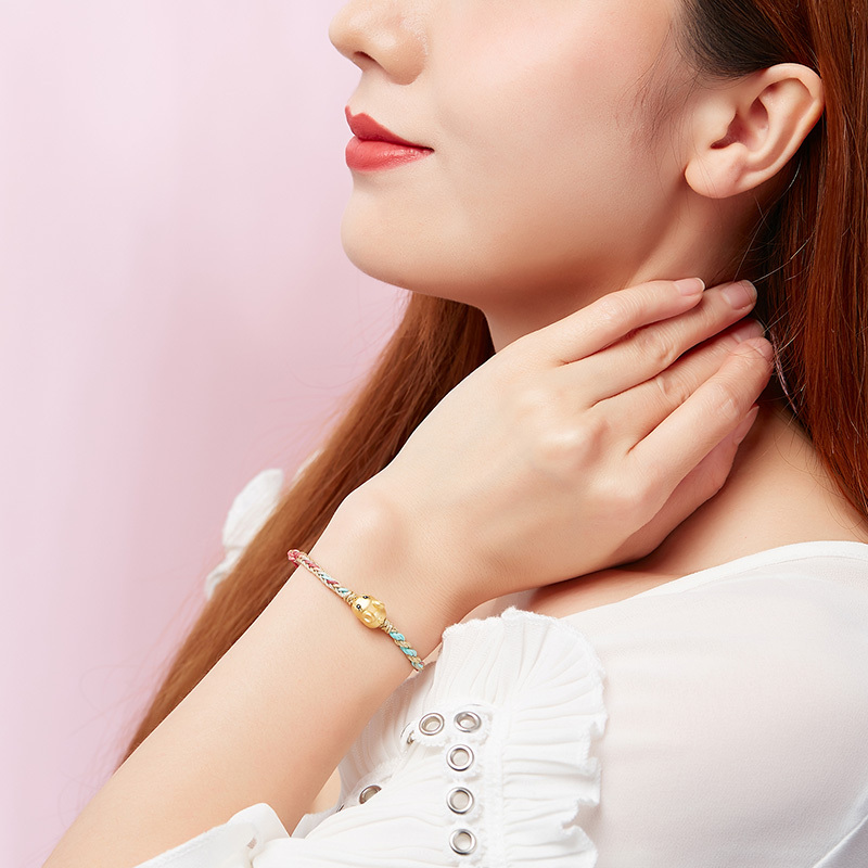 潮宏基福星鼠黄金手链足金串珠手绳编织女生肖鼠新年礼物女zq