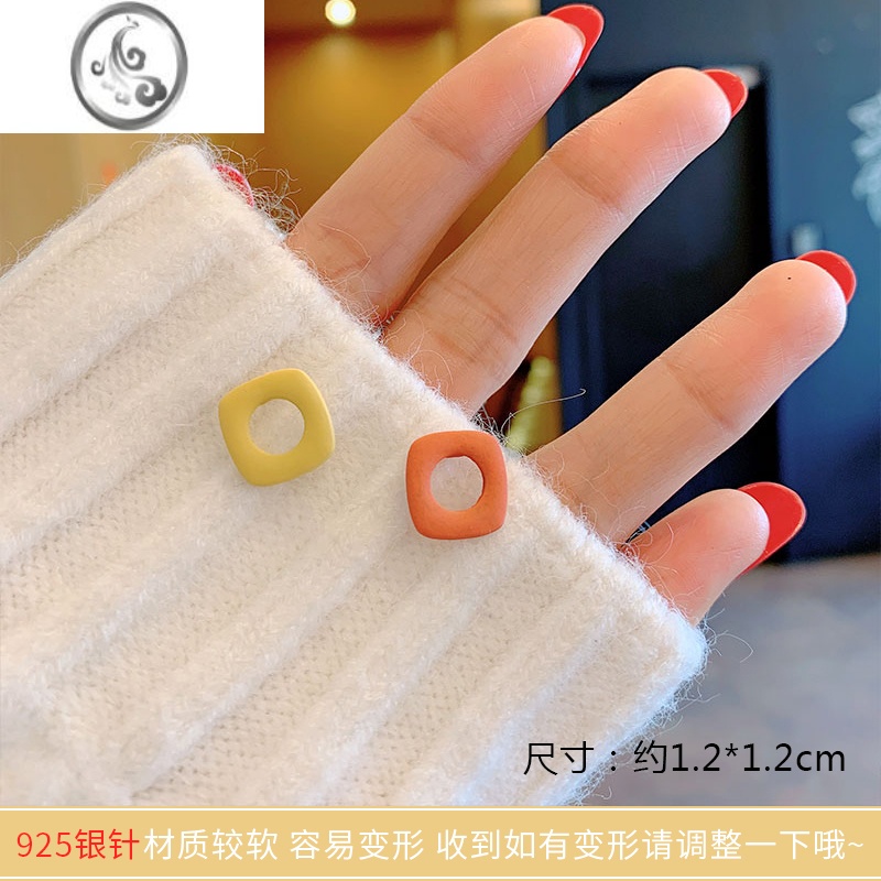 JiMi简约个性撞色双色镂空方块小耳钉银针森系小巧耳环耳饰潮秋冬网红高清大图