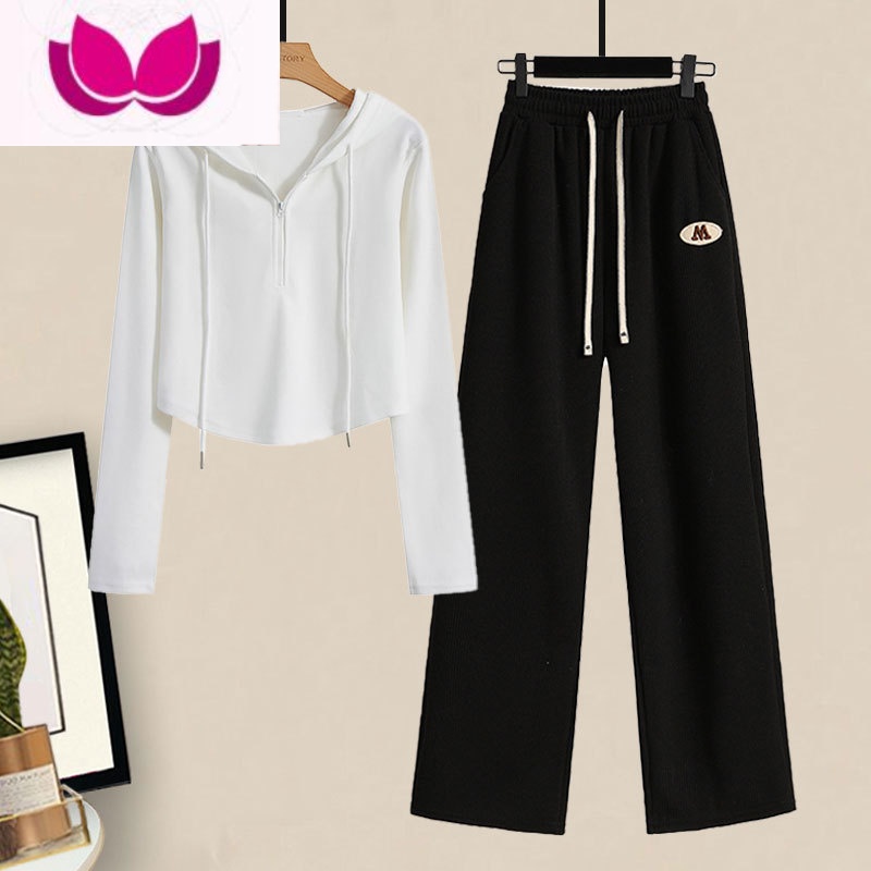 七斓网红炸街套装女春季新款时尚连帽短款上衣高腰显瘦阔腿休闲裤高清大图