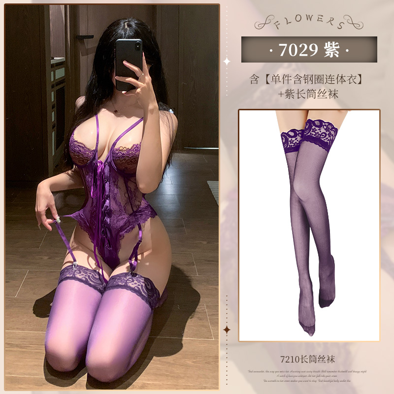霏慕小胸聚拢显大钢圈半托绑带束腰连体衣性感情趣内衣蕾丝透视女式情趣睡衣透明床上衣服7029 紫【单件含钢圈连体衣】+紫长筒丝袜