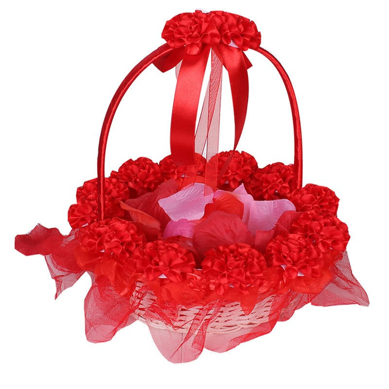 红色花篮花瓣手提藤编高档蕾丝花篮婚庆花篮婚礼伴娘花童花瓣撒花花篮