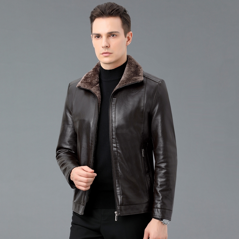 掉皮包换 加绒加厚海宁真皮皮衣男皮毛一体外套羊羔毛皮草男装毛领防寒服大衣中年皮夹克男中年皮夹克男冬装外套爸爸装加厚高清大图