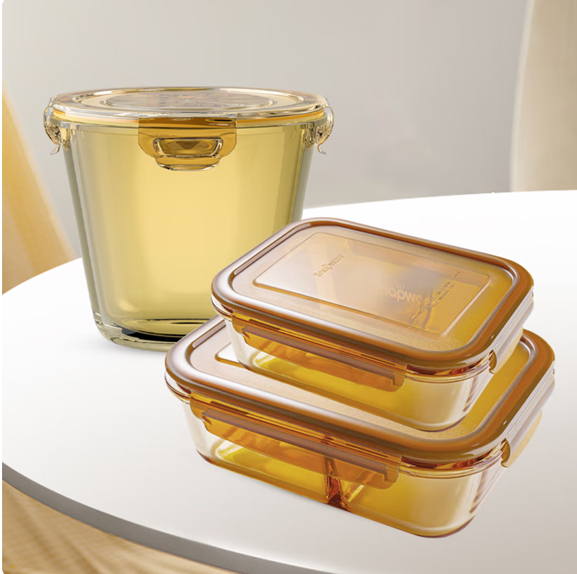 康宁餐具琥珀色保鲜盒密封耐热玻璃带饭便当饭盒3件600ml+700ml+980ml高清大图