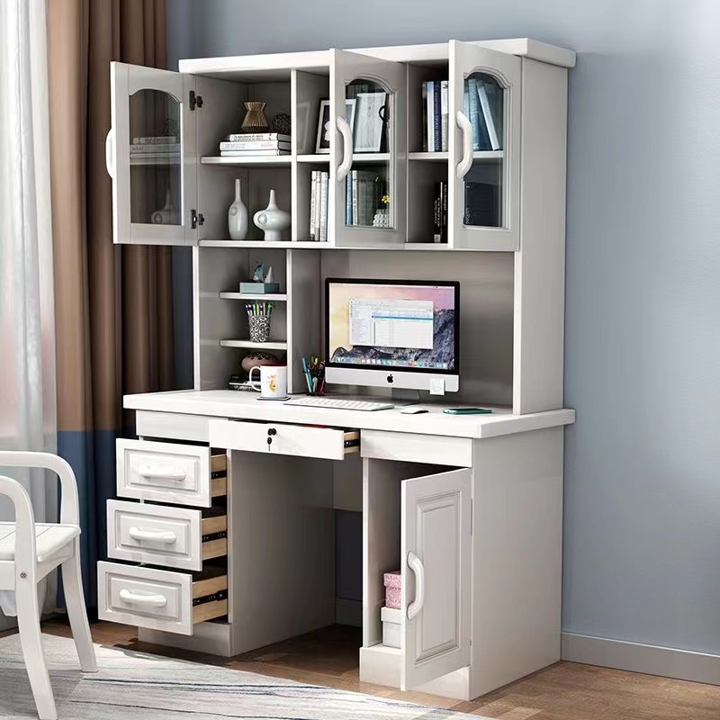 青木川 实木书桌书柜组合带书架卧室书房家用电脑桌1.4米办公桌成人学习桌1.2米高中初中学生写字桌子高清大图