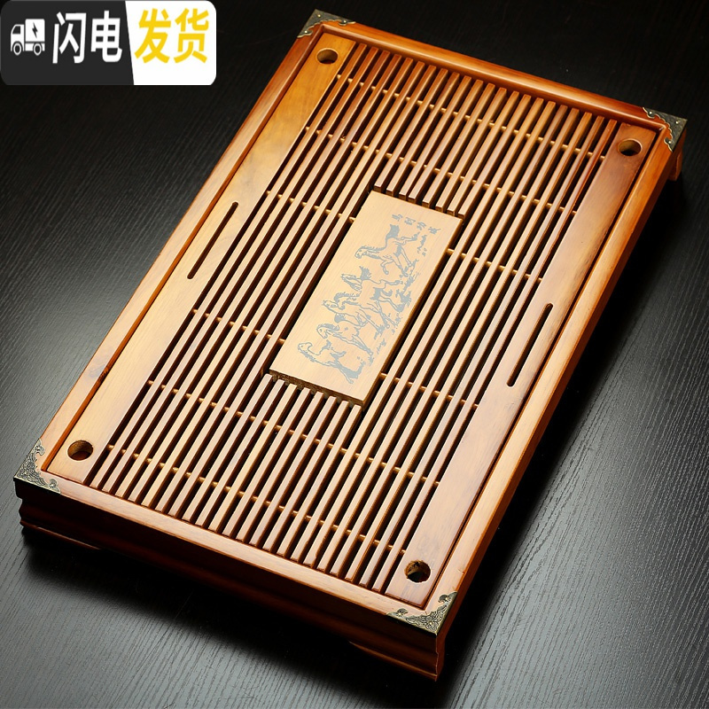 三维工匠功夫茶具配件抽屉式家用排水茶盘实木大号小号储水茶托盘茶海茶台 棕色-年年有余(43*28*5cm)