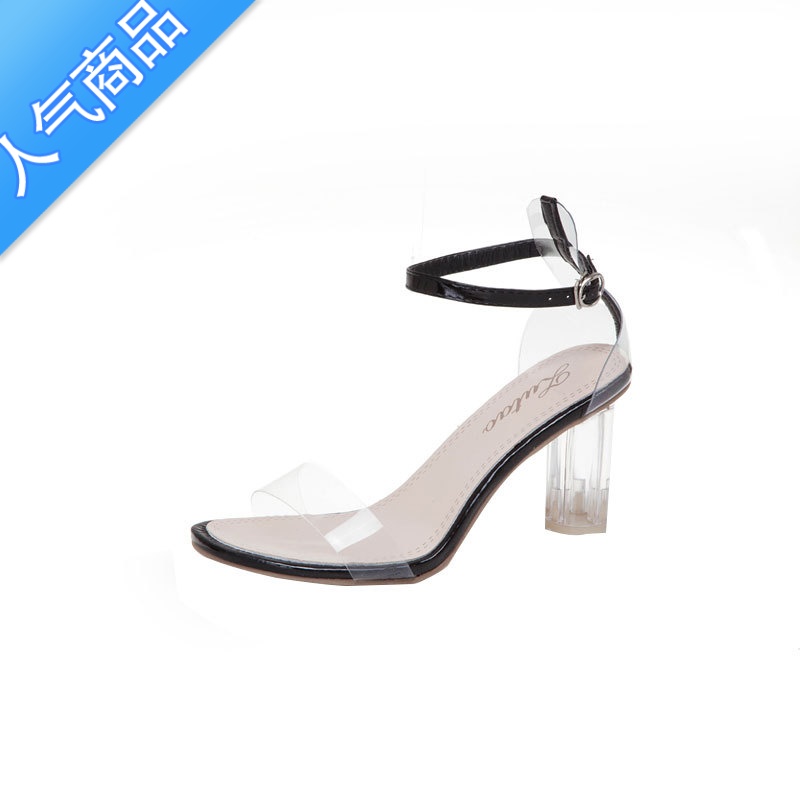 SUNTEK凉鞋女仙女风2023夏季新款百搭学生中粗跟透明一字扣带水晶高跟鞋高清大图