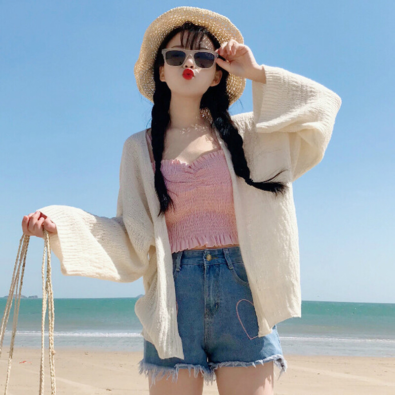 韩版宽松薄款晒衣开衫外百搭长袖针织衫上衣 杏 均