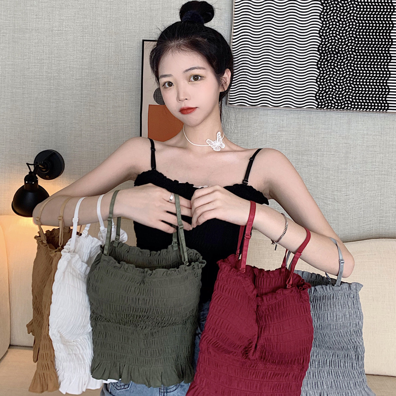 sunteku型美背吊带背心女外穿褶皱泫雅风短款打底无袖抹胸露肩内搭