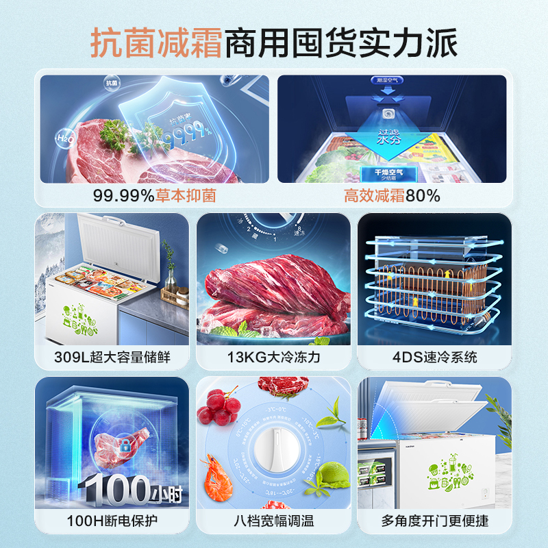 容声(Ronshen)309升家用商用卧式大冷冻柜 冷藏冷冻转换 大容量 一级能效(珍珠白)BD/BC-309MD