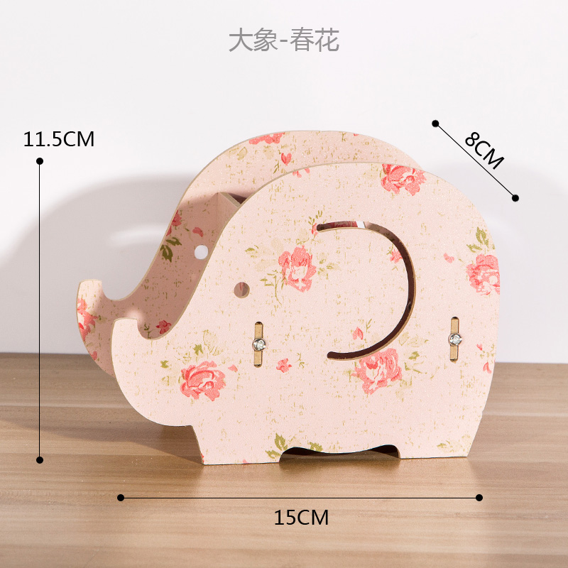 文具创意收纳盒欧式简约笔筒桌面化妆桶办公装饰手机座支架木质小 三维工匠 大象-春花高清大图