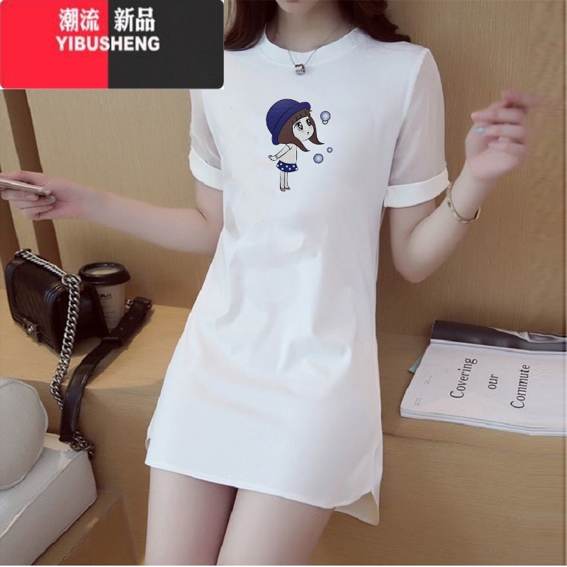 YIBUSHENG蕾丝衫新款韩版中长款短袖T恤女生白色气质过臀百搭网纱连衣裙高清大图