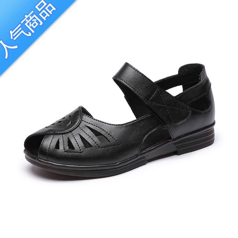 SUNTEK平底凉鞋女2023新款夏鱼嘴女鞋牛筋软底妈妈鞋休闲中老年奶奶白色图片