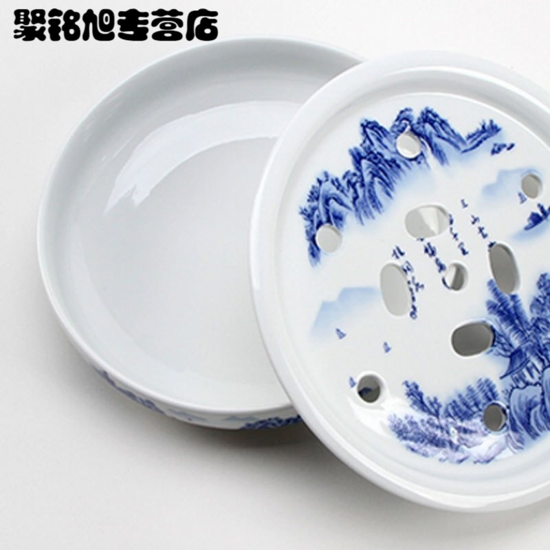 陶瓷茶盘 托盘中式 茶船圆形茶台茶座青花瓷功夫茶具茶盘储水双层茶托家居家用简约创意多功能水具