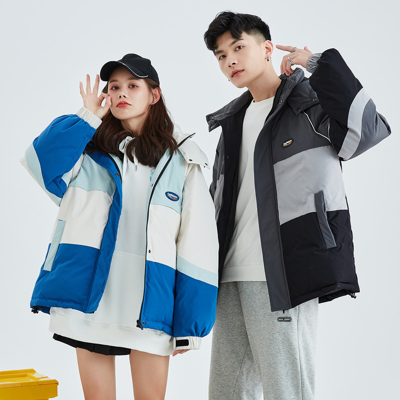 [2.5折价300元]唐狮冬季新款情侣羽绒服拼接保暖加厚连帽韩版潮冬季情侣装