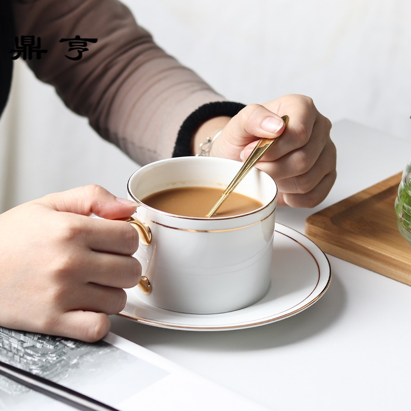 鼎亨北欧咖啡杯简约骨瓷杯欧式下午茶咖啡杯碟套装纯白描金陶瓷杯