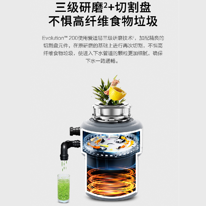 爱适易(in sink erator)E200 垃圾处理器 厨房垃圾处理器 家用厨余粉碎机 原装进口 全自动 粉碎机